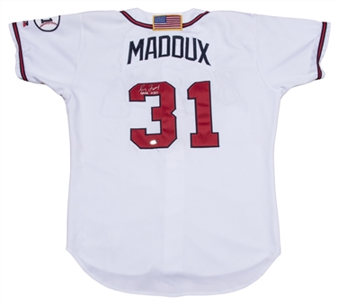 2001 Greg Maddux Game Used, Signed & Inscribed Photo Matched Atlanta Braves Post 9/11 & NLCS Game 4 Home Jersey (Tristar & Resolution Photomatch) 